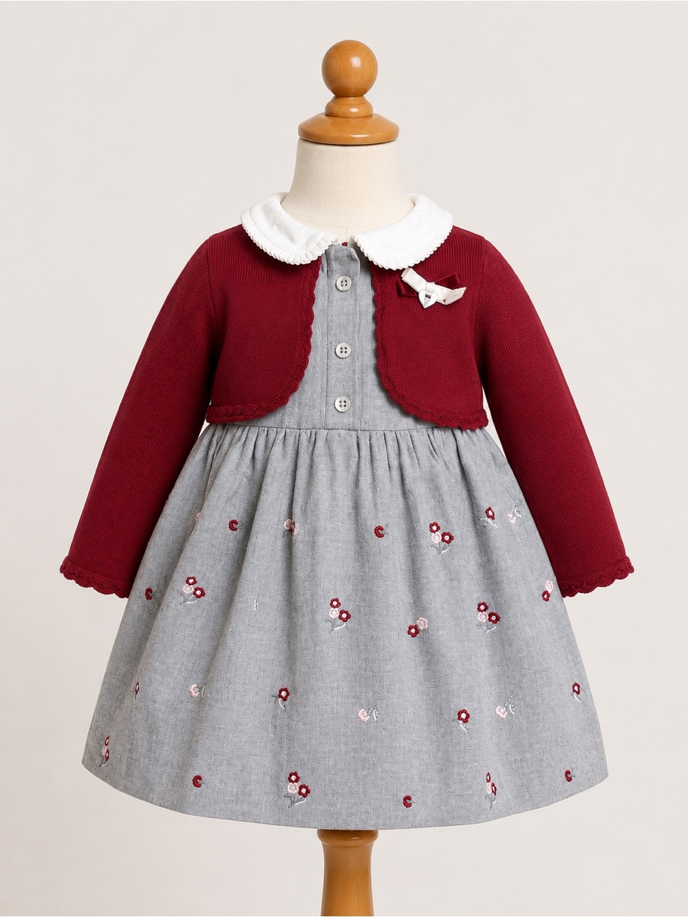 Mayoral Baby Girl Dress 18M 86cm Burgundy Gray Embroidered Peter Pan Collar